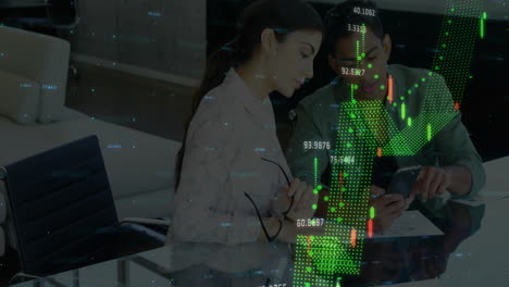 animation of data processing over diverse colleagues talking in office