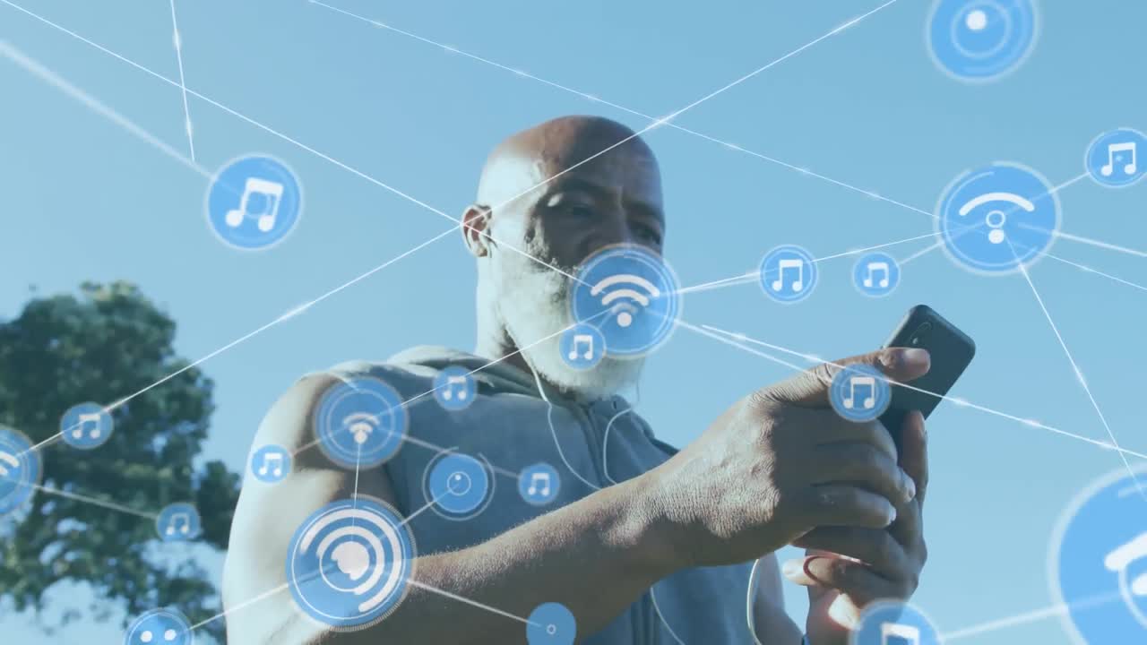 Animation of network of connections over senior african american man using smartphone at beach