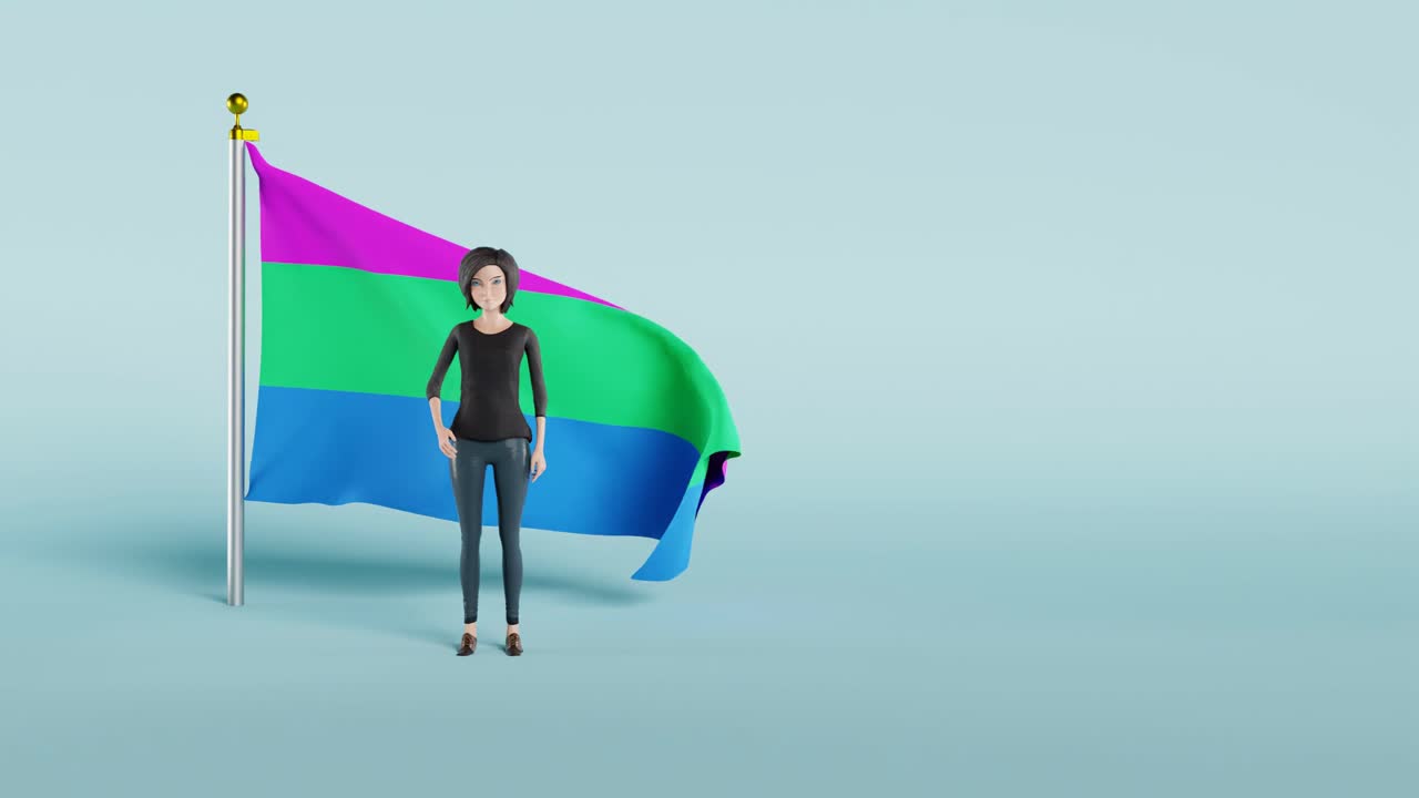 Female character standing in front of the Polysexual pride flag and waving her hand animation video 4K