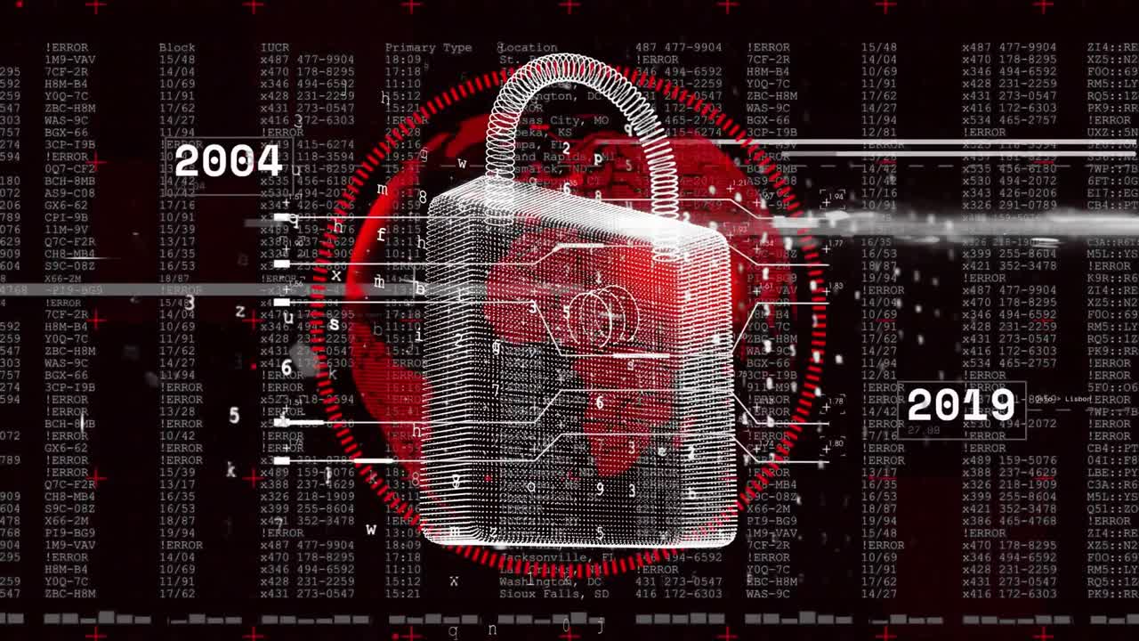 White wireframe padlock rotating and pulsing while year labels updating showing security history
