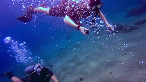 people scuba diving near the ocean floor and making air bubbles