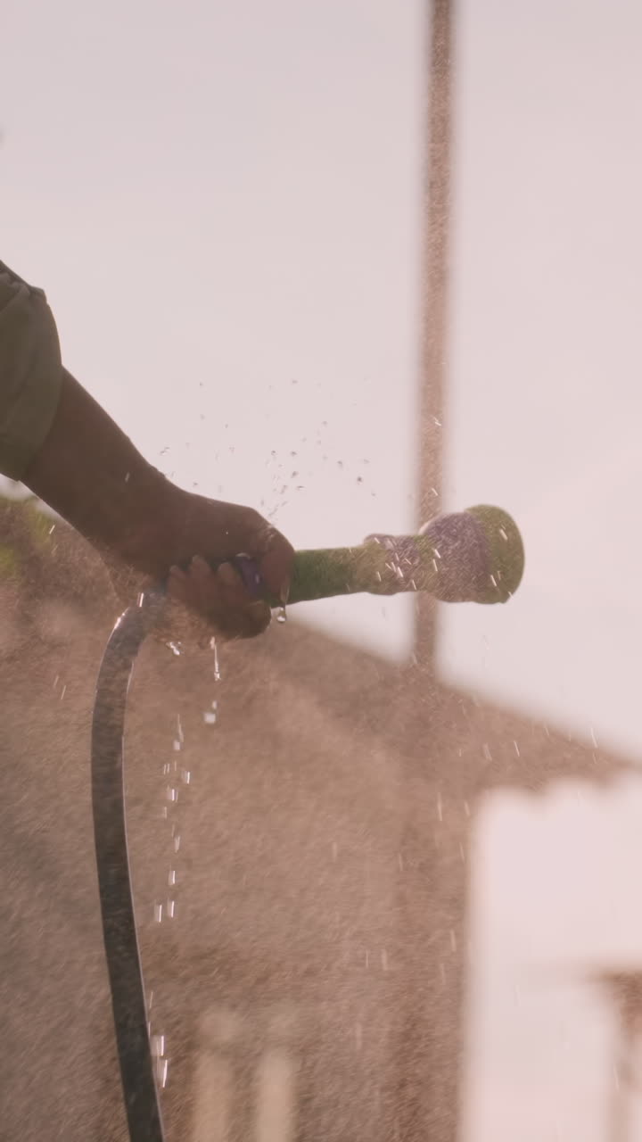 primer plano de una manguera de agua con la mano rociando niebla en el aire, con la luz del sol creando un brillo suave en las gotas de agua, el telón de fondo presenta un edificio borroso y vegetación
