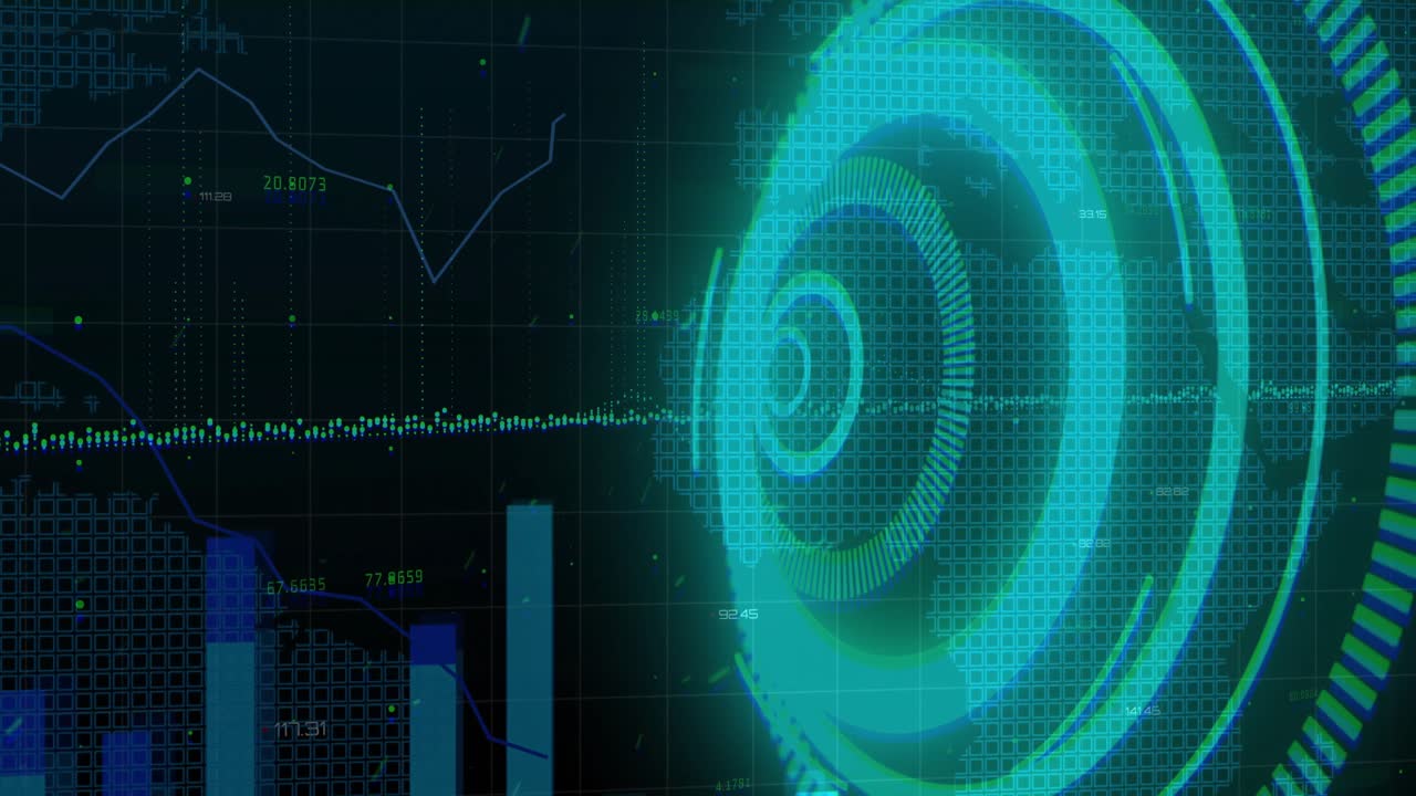 Pulsing waveform activating ring formation while charts rising, line graphs peaking displaying data