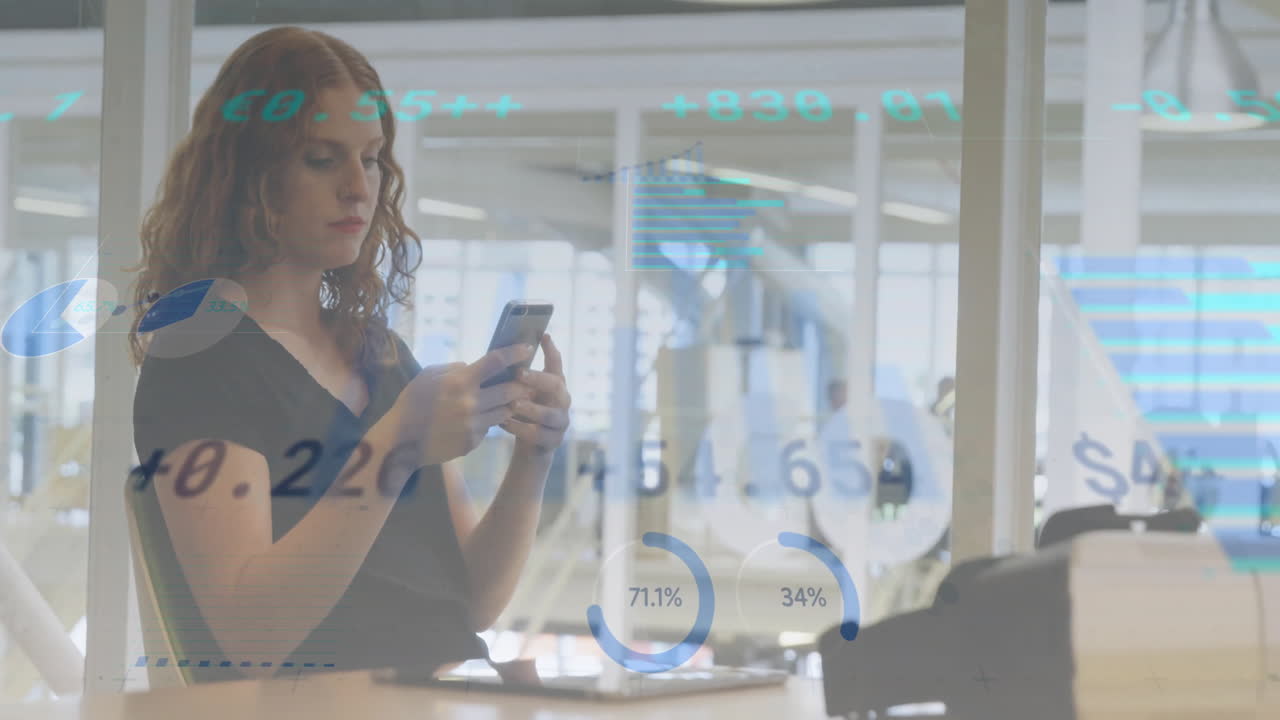 Using smartphone, businesswoman analyzing financial data with graphs in animation