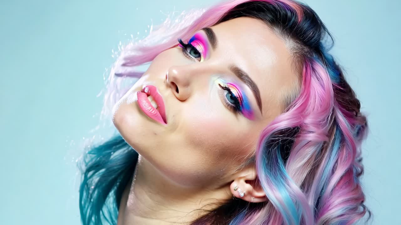 Una donna con capelli rosa e blu e un trucco acceso.