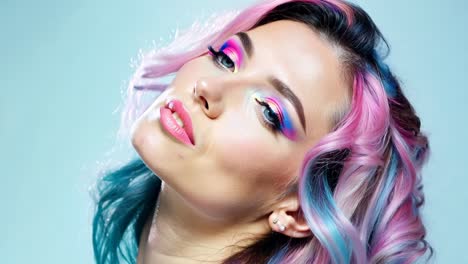 a woman with pink and blue hair and bright makeup