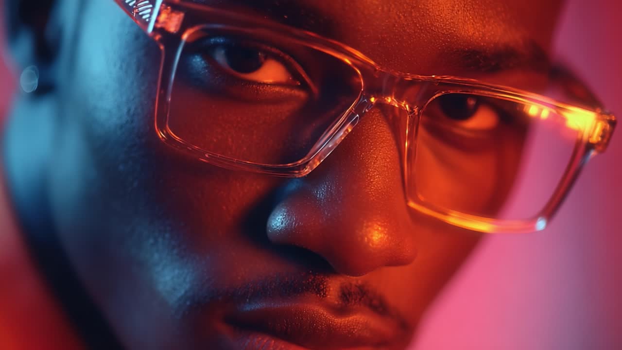 A Close-Up View of a Thoughtful Individual with Stylish Glasses in a Vividly Colored Lighting Display, Capturing Intensity and Depth in Expression and Mood