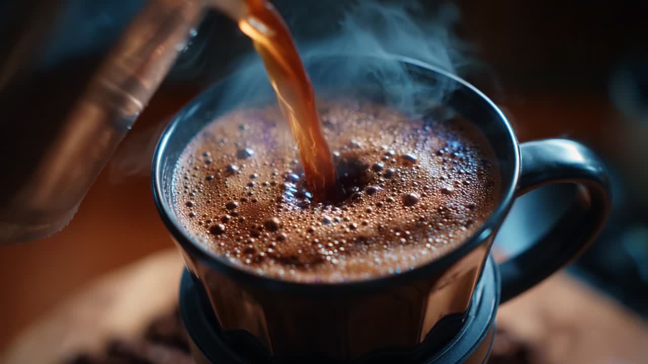 Hælder varm kaffe i et krus