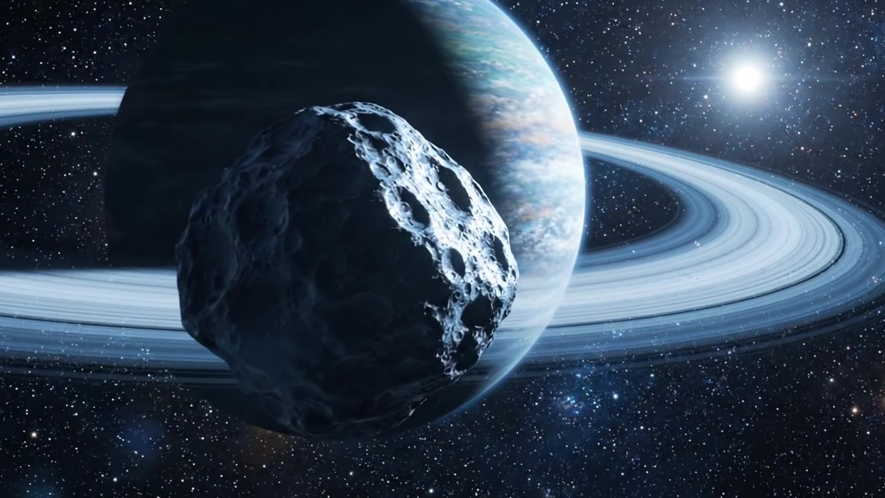 Uno splendido incontro cosmico: una vista ravvicinata di un asteroide roccioso che passa accanto a un pianeta gigante gassoso con anelli vivaci e stelle lontane nella vastità dello spazio.