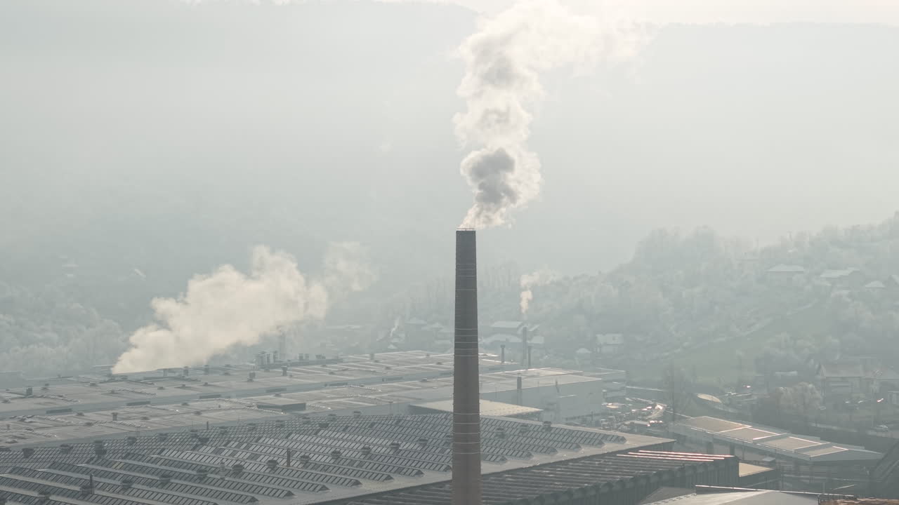 Toma con dron de pájaros volando sobre una fábrica y humo tóxico saliendo de la chimenea de la fábrica