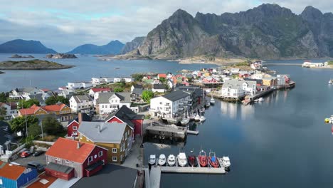 henningsvaer fishing village in lofoten island archipelago, norway, scandinavia - 4k aerial