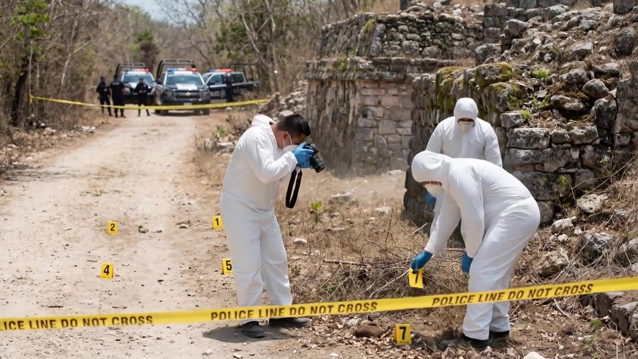 Investigatori forensi in tute protettive bianche che raccolgono prove su una scena all'aperto transennata con nastro della polizia