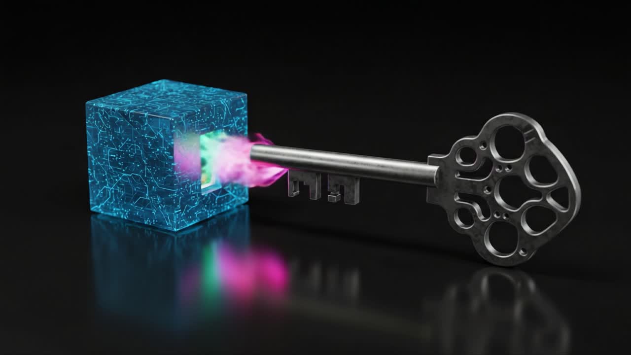 Unlocking the Future: A Metallic Key Engaging with a Luminescent Cube, Channeling Energy and Innovation in a Stunning Visual Representation of Potential