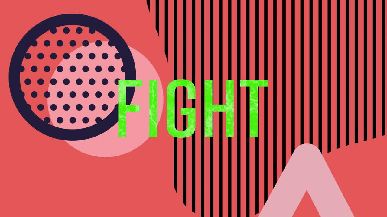 Animazione digitale di un banner con il testo "fight" verde su forme astratte su sfondo rosso.