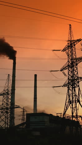 environment in danger. thick harmful smoke released from pipe into the sky among high-voltage electric towers against red dramatic sky at sunset. vertical video