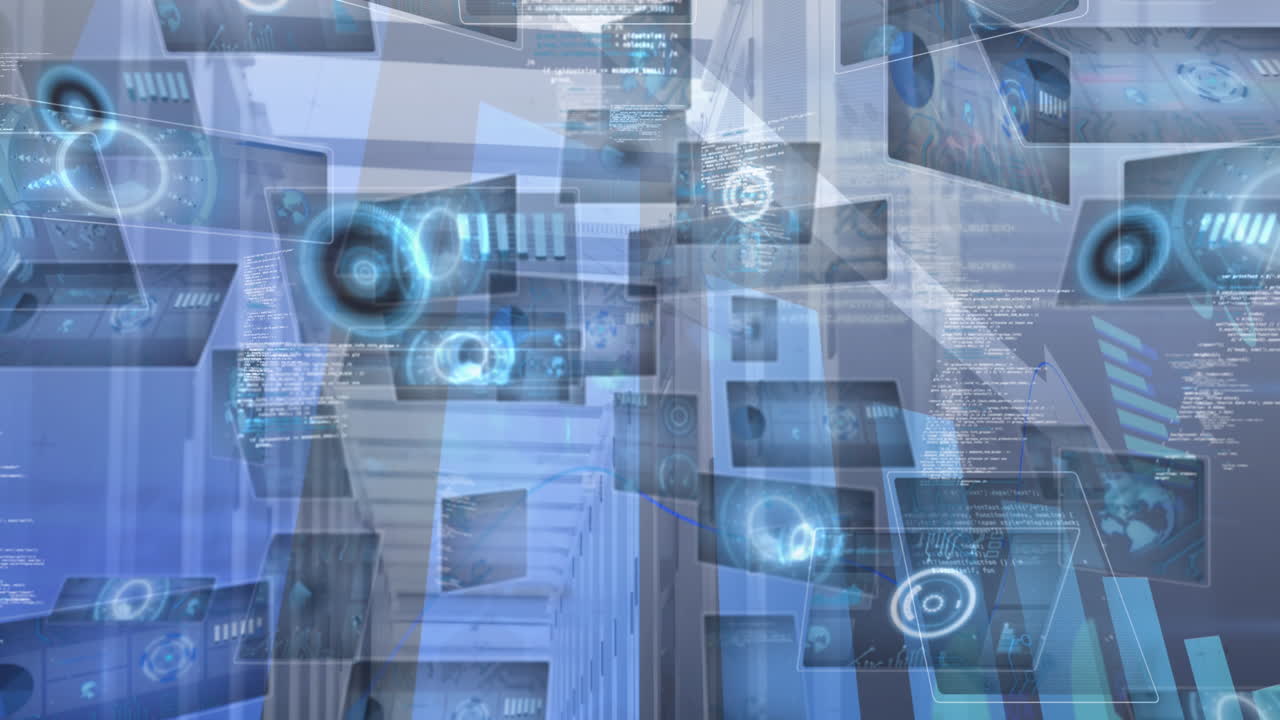 Animation of financial data processing over scope scanning and server room