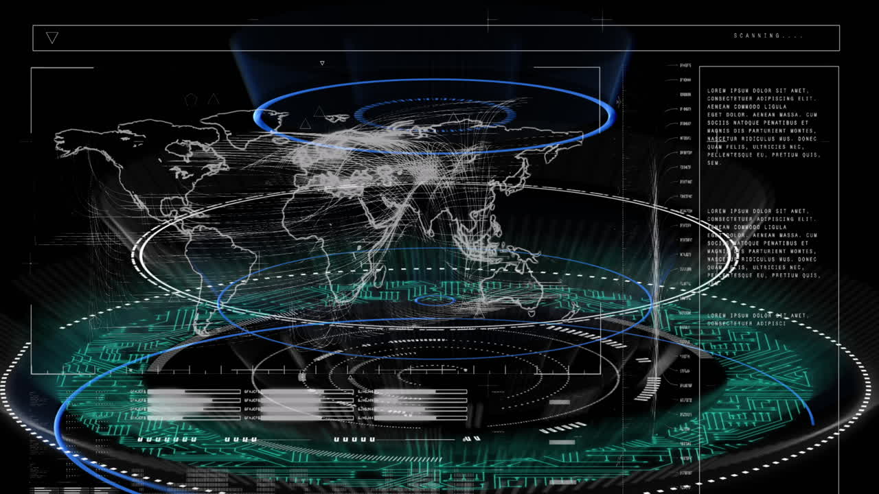 Animation of world map, mathematical equations and data processing