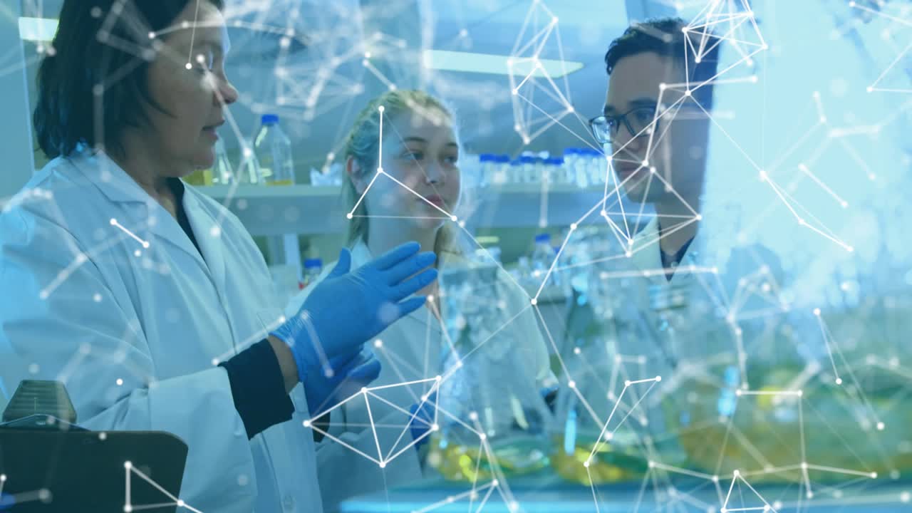 Lead researcher raising gloved hand lifting vial, showing lab procedure while aligning device icons