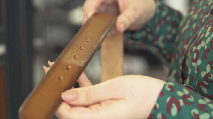 Primo piano di mani femminili che tengono una cintura di pelle marrone chiaro in una boutique di abbigliamento maschile. Concetto di negozio di moda di lusso per affari. Isolato, su sfondo sfocato