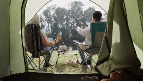 Couple,-camping-and-tent-with-talking