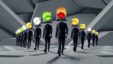 businessmen walking with traffic light heads