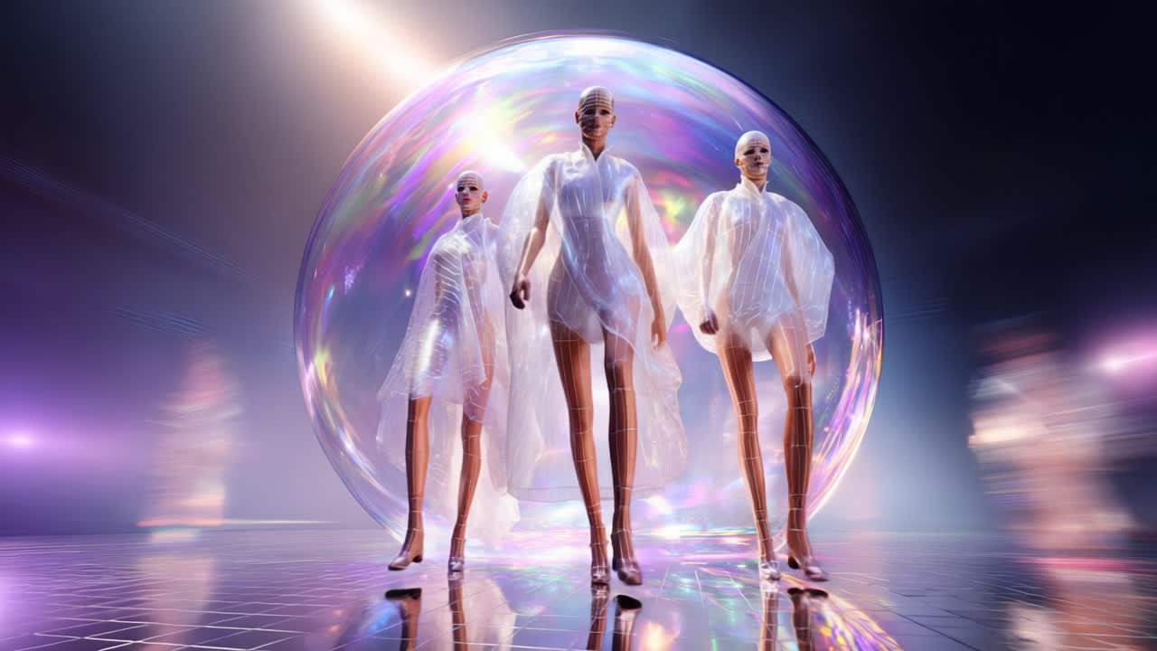 Three ethereal figures emerge from a luminous bubble, embodying futuristic elegance and style, surrounded by a mesmerizing atmosphere of light and color, creating a captivating visual narrative of modern artistry