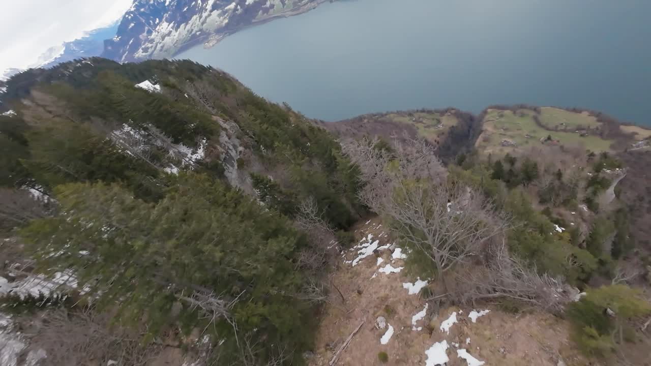 FPV drone shot of snowy mountain landscape at Walensee Lake. Fir trees and leafless trees at hills. Switzerland, Arvenbüel. Snowy peaks and summits.