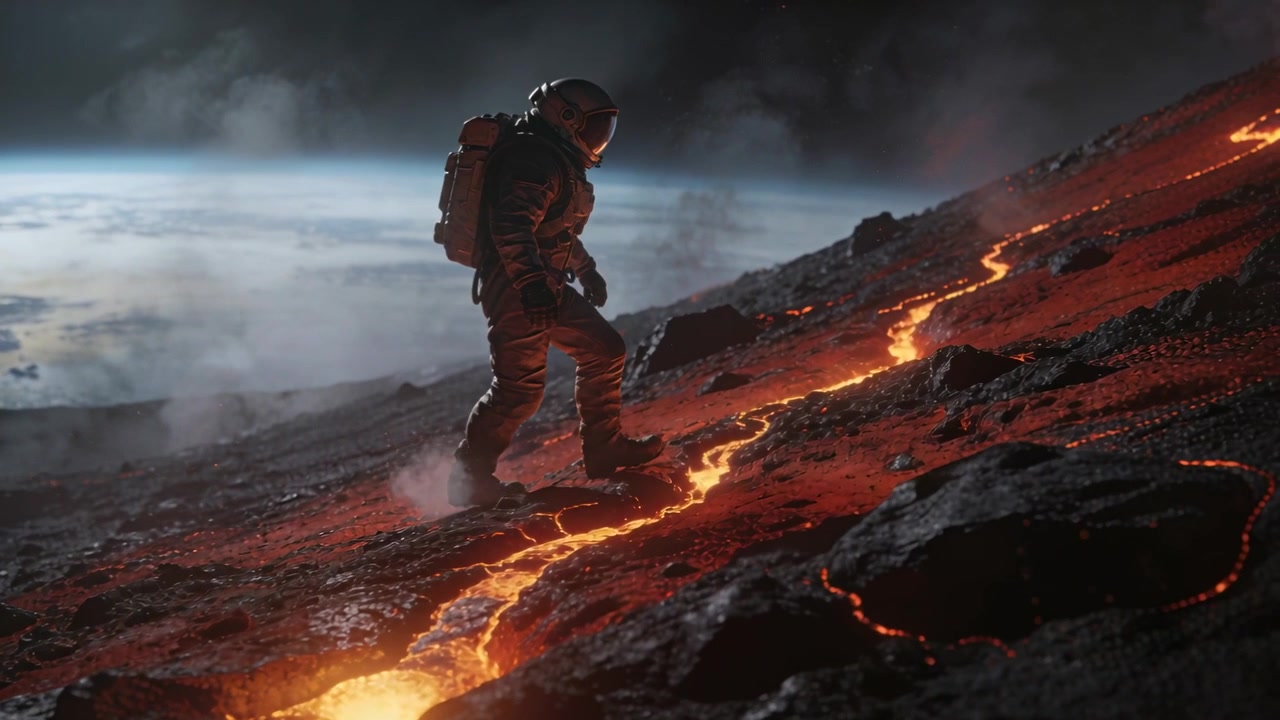 Uscendo da una pozza di lava, astronauta in tuta spaziale che scala un pendio lungo una fessura con uno zaino, esplorando
