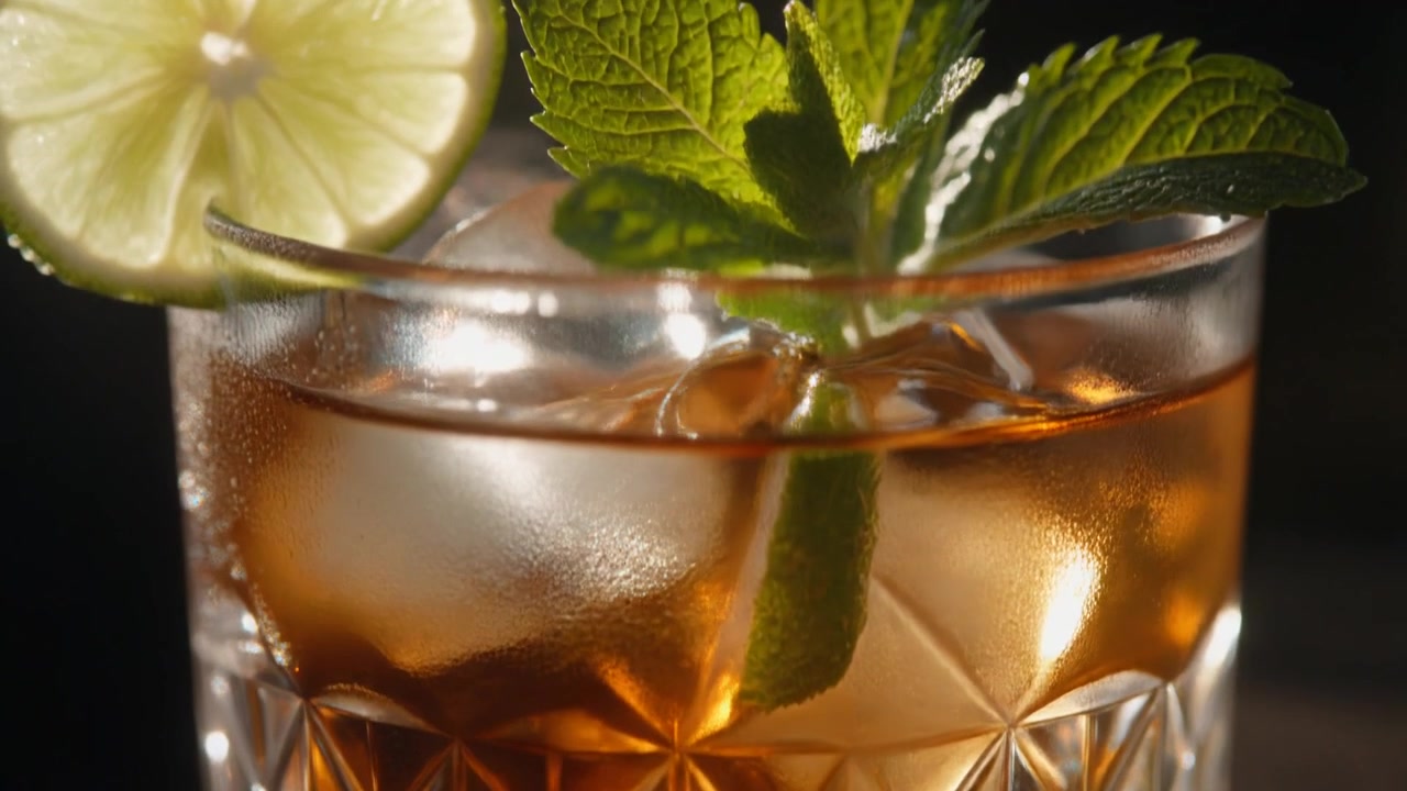 Primo piano di un cocktail rinfrescante con lime e menta