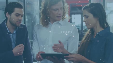 animation of network of connections over diverse colleagues discussing over digital tablet at office