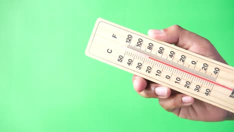 hand holding a wooden thermometer