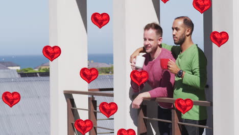 animación de iconos de corazón sobre una pareja gay diversa abrazándose