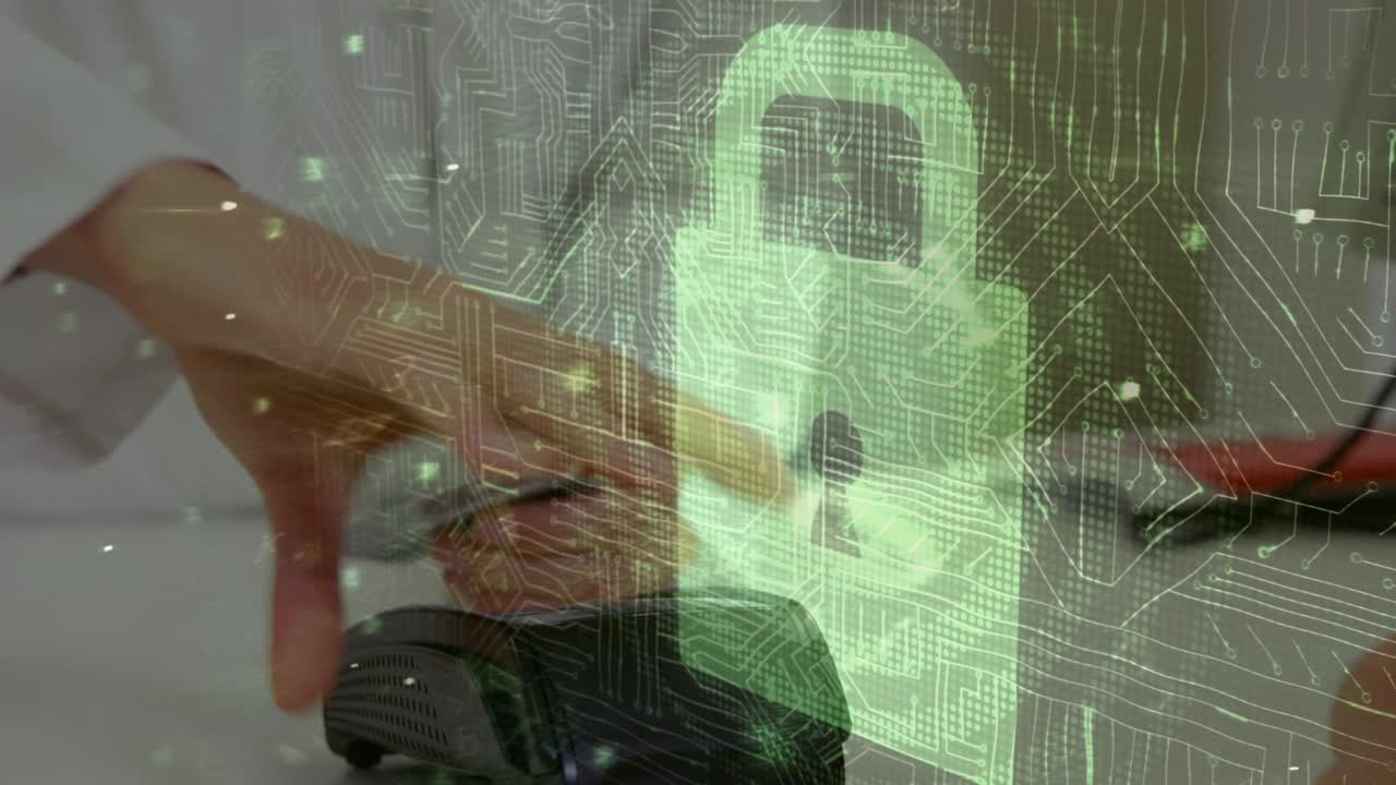 animación del candado de seguridad de la red sobre las personas que utilizan el terminal de pago