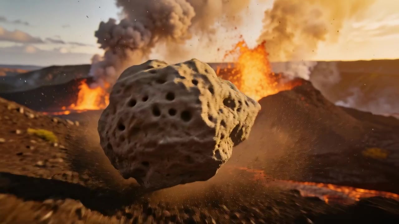Lancio di un masso vulcanico da un'esplosione del condotto, che ruota e rotola attraverso un campo di lava, sollevando polvere.