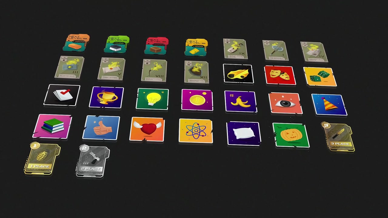 Animated Game Icons and UI Elements Reveal on Dark Background