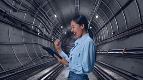 side view of asian female with her tablet in underground subway tunnel, she raises her fist up with screaming goal after check on the tablet