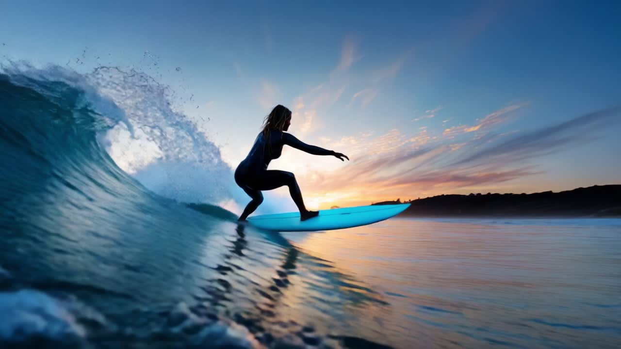 A Thrilling Sunset Surfing Experience: Dynamic Waves and a Skilled Surfer Riding the Ocean's Crest at Dusk, Capturing the Essence of Adventure and Freedom