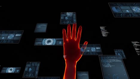 Animation of red hand, scopes scanning and data processing over screens on dark background