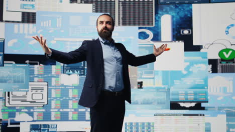 Fearless businessman celebrates success and achievement for high end career