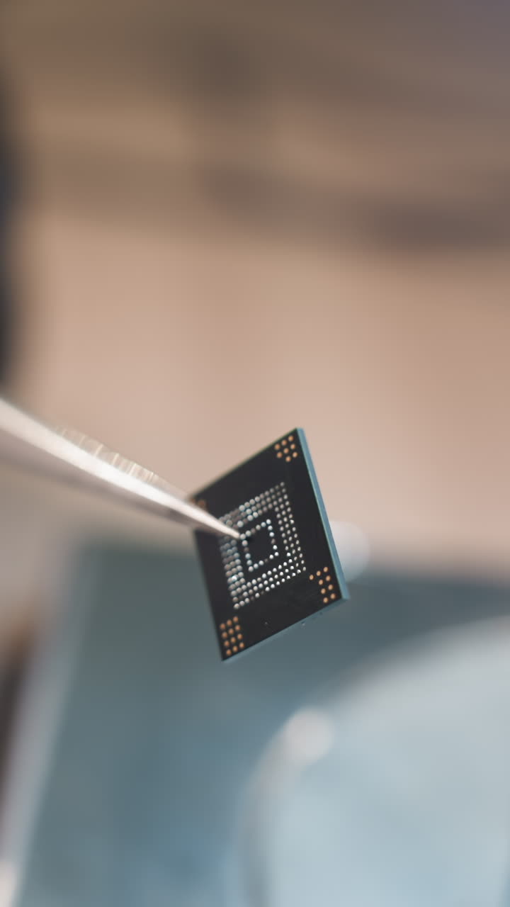 A close-up view of a gloved hand holding a microchip with tweezers, the background features a microscope and lab equipment