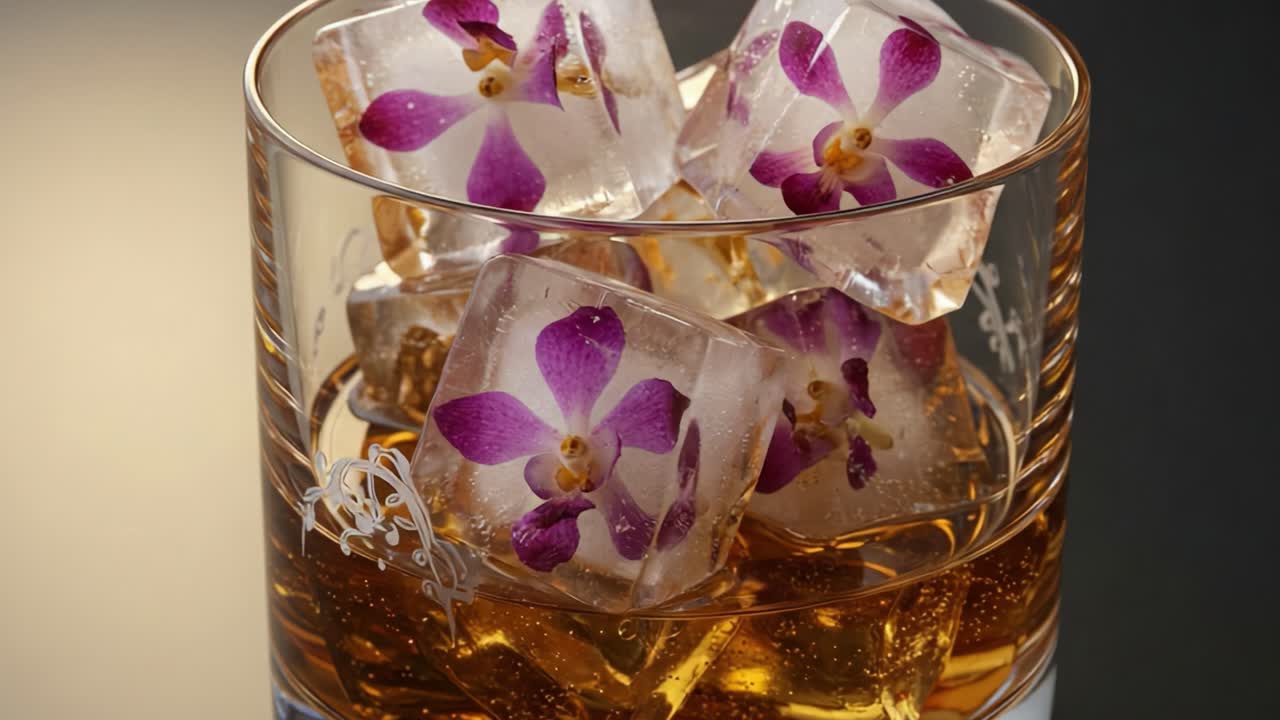 A Captivating Close-Up of Glass with Decorative Ice Cubes and Floral Accents, Perfectly Highlighting a Refreshing Beverage in an Elegant Setting