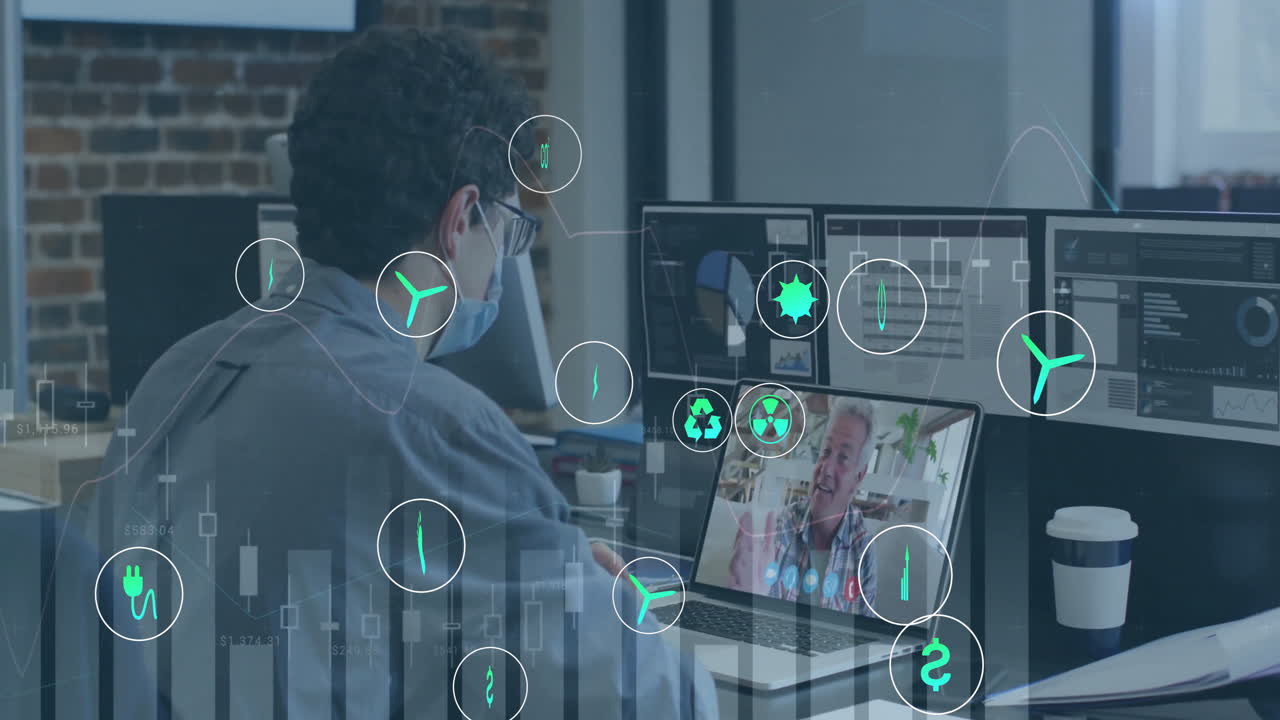 animación de múltiples gráficos, iconos sobre un hombre diverso que usa una máscara discutiendo informes en una llamada de video
