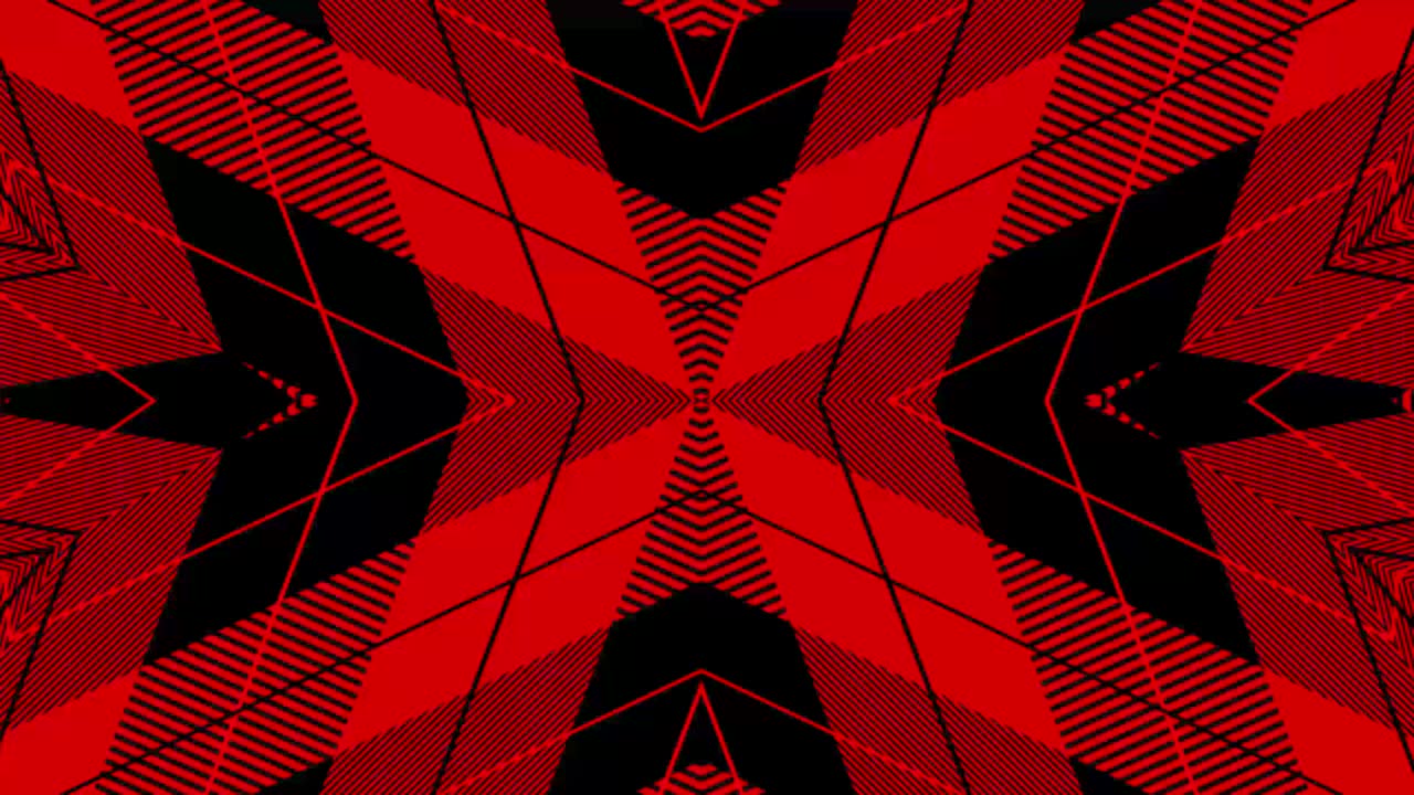 secuencia de bucle de vídeo de fondo de movimiento. rayas de tartan rojas y negras estilo patrón gráfico en efectos de movimiento caleidoscópico.