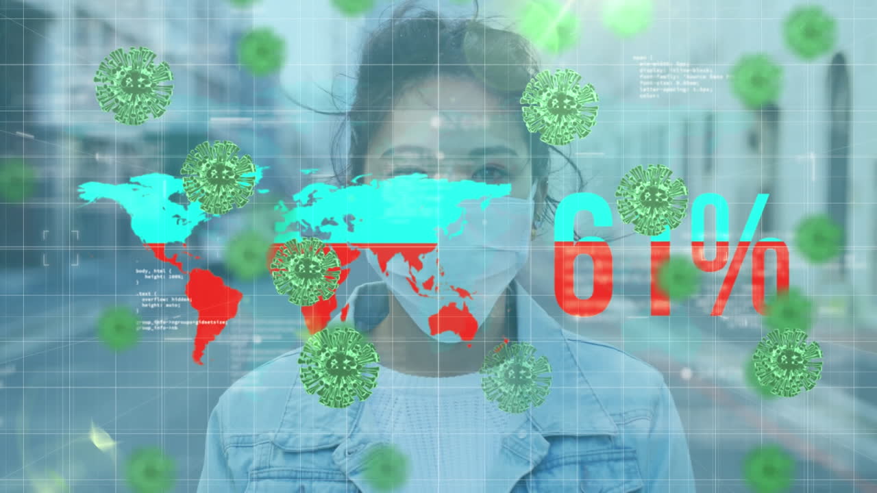 Animation of covid 19 cells and numbers processing over woman in face mask