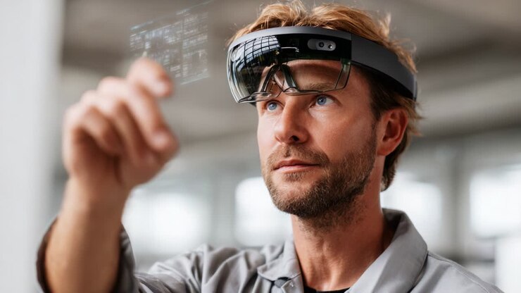 A focused professional engaged with augmented reality technology while wearing smart glasses, demonstrating advanced interaction with digital holograms in a modern collaborative workspace environment