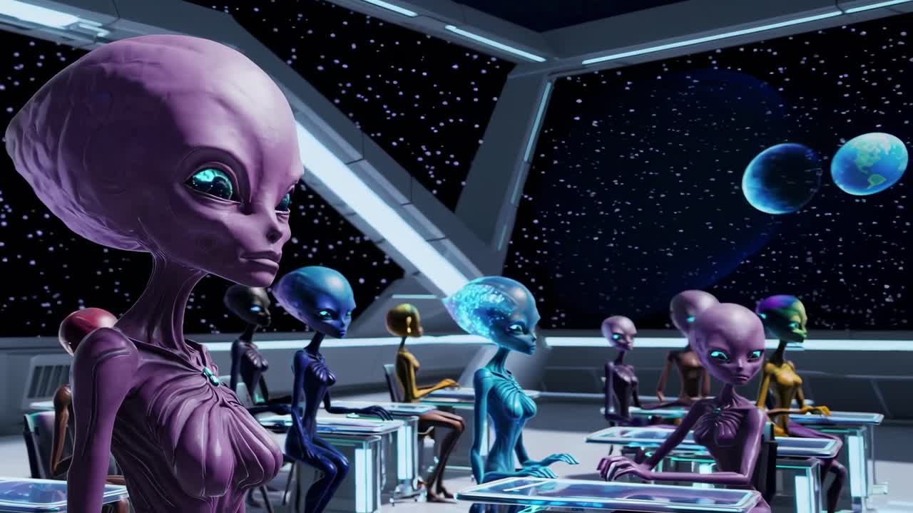 Futuristic alien students are attending class in a spaceship classroom, learning about earth and other planets, with a starry sky visible through large windows