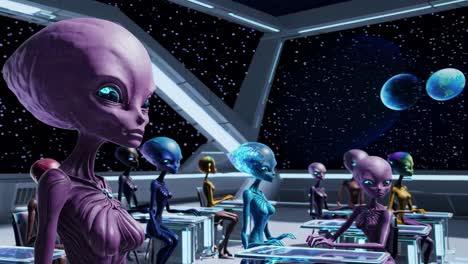 futuristic alien students are attending class in a spaceship classroom, learning about earth and other planets, with a starry sky visible through large windows