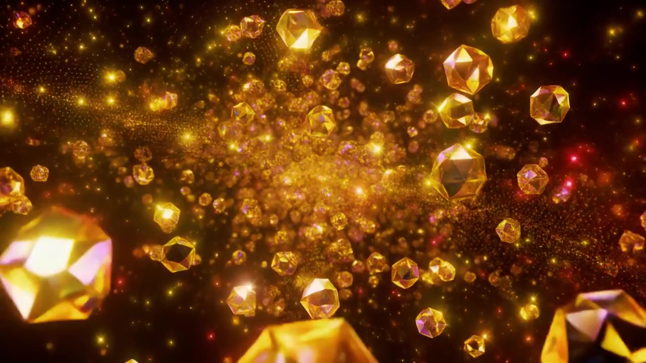Animazione Astratta di Forme Geometriche Dorate Fluttuanti e Particelle Luminose