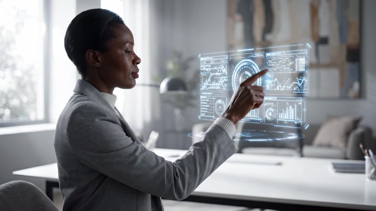 A business professional interacts with advanced holographic technology, analyzing data and visualizations in a modern office environment to enhance decision-making.