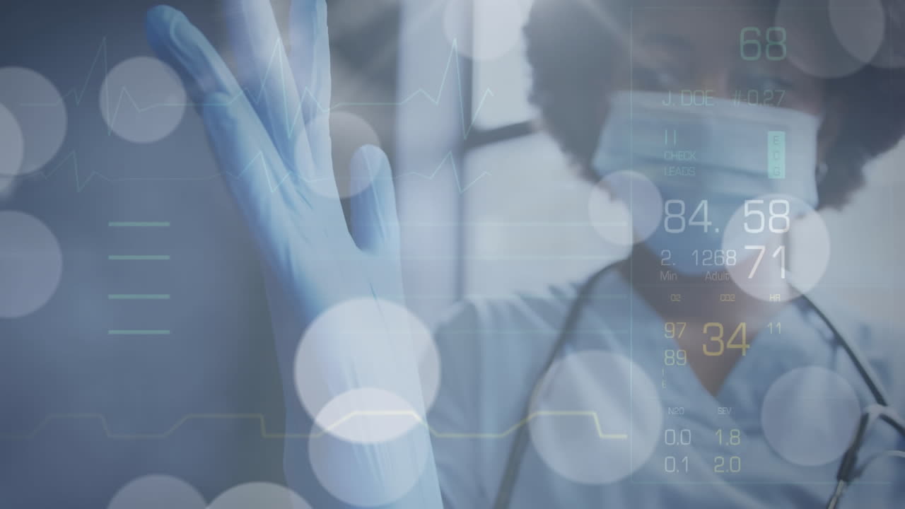 수술 장갑을 입은 아프리카계 미국인 여성 외과 의사에 대한 의료 데이터 처리